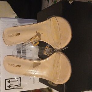 Brand New Fashion Nova Clear Strap Heels with Gold Accents With Out Tags
